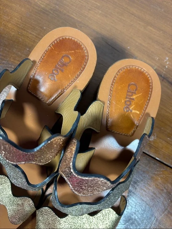 Chloé Metallic Wave Strap Leather Slide Heels Sandals Woman Size 37 earthy Tone - Picture 4 of 16
